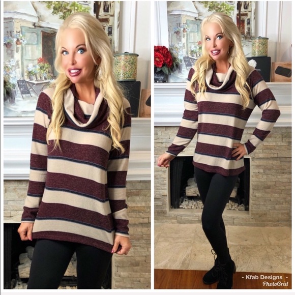 🥰Soft! Multi Stripe Brushed Fabric Cowl Neck Top! - Picture 3 of 6